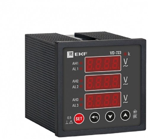 Вольтметр трехфазный цифровой VD-723 на панель 72х72 трехфазный EKF vd-723 картинка